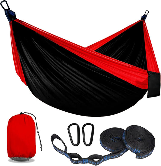 SOOPRNO Camping Hammock. Portable Double and Single Hammock with 2 Tree Straps and Attached Carry Bag. Camping Gear for Outdoor Hiking Camping Beach Backpacking Travel. (Black & Red)