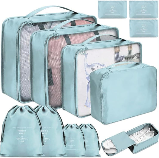 LPAOIS 12 Pieces Travel Suitcase Organizer Set, Travel Cube System, Separators Travel Pouches, Packing Cubes, Storage Case Set for Clothes, Shoes, Underwear (Blue)