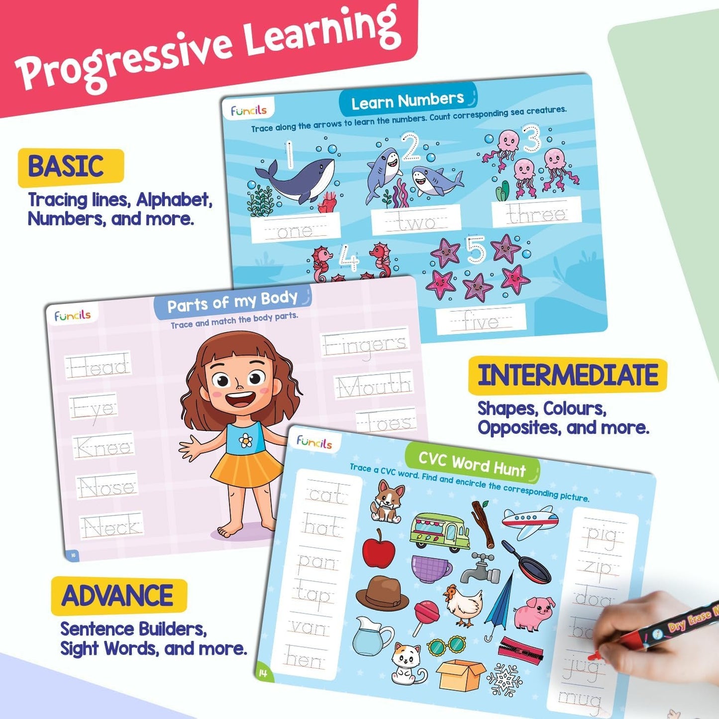 Funcils Learn to Write for Kids - Educational Toys & Games, Preschool & Kindergarten Learning Activities, Writing Practice Book, Birthday Gifts for Girls and Boys for Ages 3, 4, 5, 6 Year Old