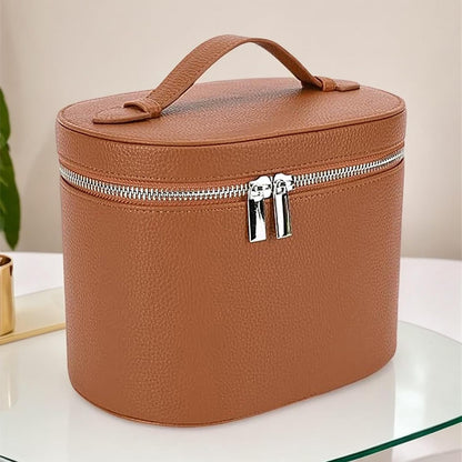 Pu Leather Cosmetic Bag, Waterproof Travel Makeup Organizer, Zipper Vanity Pouch Tote, 24x14x16cm for Jewelry Toiletries Girls Train Car Beach Bathroom Use Construction to Protect