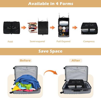 Surblue Hanging Shelves Travel Storage Bag Compression Packing Cube for Suitcase Portable Closet Organizer Collapsible with Extension Layer Large Capacity,Black,XL