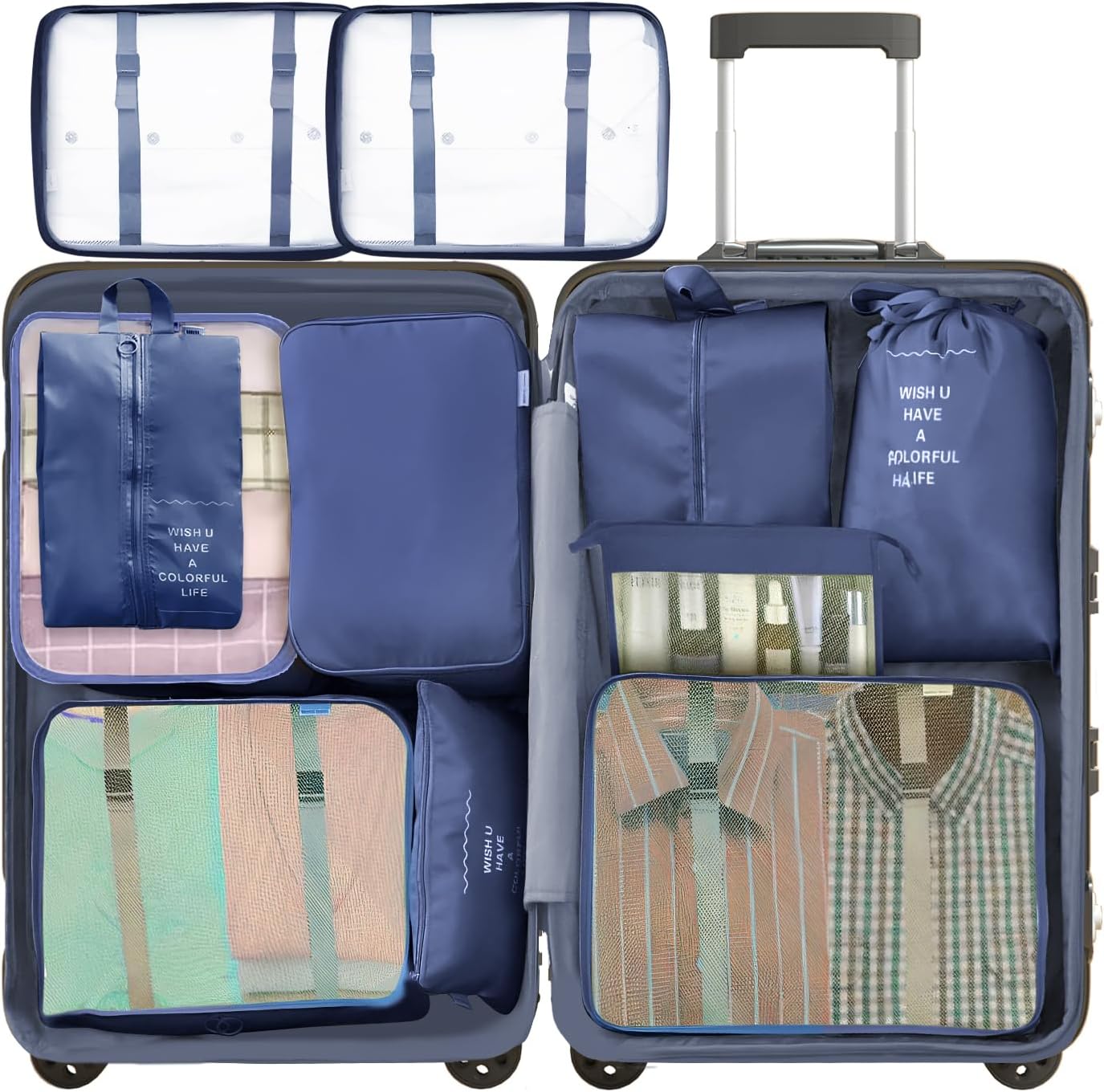 10 Pieces Clothes Pockets Set Travel Cubes Cosmetic Bags Waterproof Storage Bags Travel Accessories (Navy)