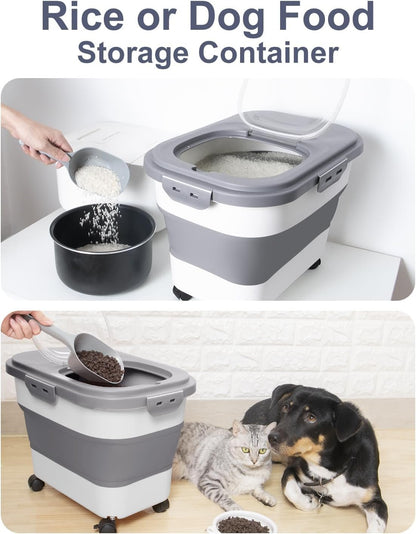 DDMOMMY 20-30 Lbs Rice Storage Container,Collapsible Food Storage Containers with Rolling Wheel Airtight Locking Lid,Flour Storage Container with Cup and Scoop,Suitable for Food,Rice,Pet Food,Flour