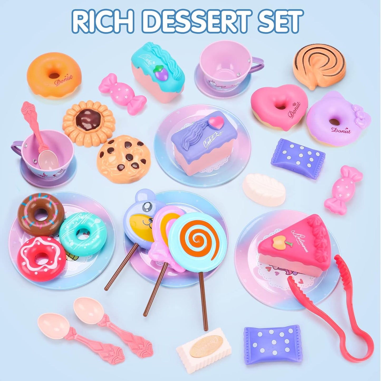REMOKING Unicorn Toys for Girls,48 PCS Kids Tea Set for Kids,Pretend Toy with Play Desserts,Tin Teapot,Educational Play Food Princess Toy Gift,Toddler Toys for 3-7 Year Old Girls Boys