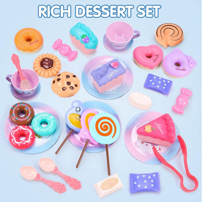 REMOKING Unicorn Toys for Girls,48 PCS Kids Tea Set for Kids,Pretend Toy with Play Desserts,Tin Teapot,Educational Play Food Princess Toy Gift,Toddler Toys for 3-7 Year Old Girls Boys