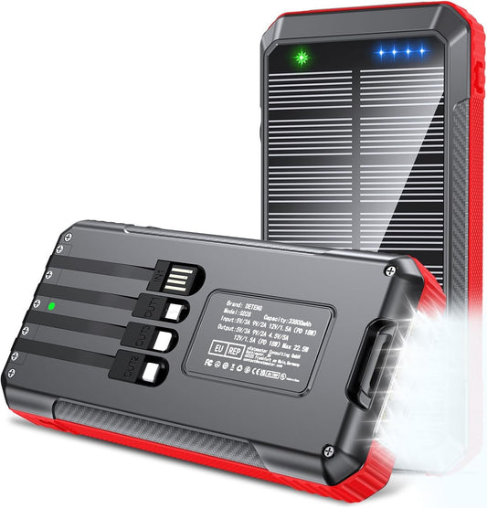 Solar Power Bank 33800mAh Built in 4 Cables, 22.5W USB C Fast Charging Portable Phone Charger, 6 Outputs & 4 Inputs with LED Camping Lights Battery Pack for Outdoor iPhone Samsung Tablet (Red)