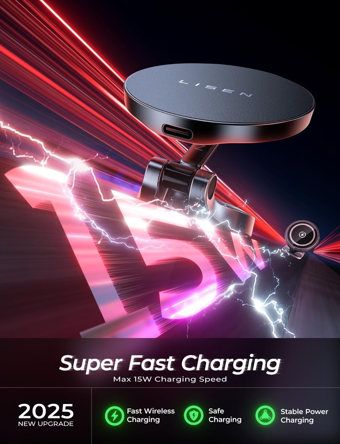 LISEN Ultra Magnteic Magsafe Car Mount Charger, [All Metal & Mini] 15W Fast Charging Wireless Car Charger for iPhone 16 Pro Max, for Mag safe Charger for Car Dashboard for iPhone 16 15 14 13 12 Series