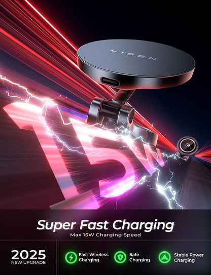 LISEN Ultra Magnteic Magsafe Car Mount Charger, [All Metal & Mini] 15W Fast Charging Wireless Car Charger for iPhone 16 Pro Max, for Mag safe Charger for Car Dashboard for iPhone 16 15 14 13 12 Series