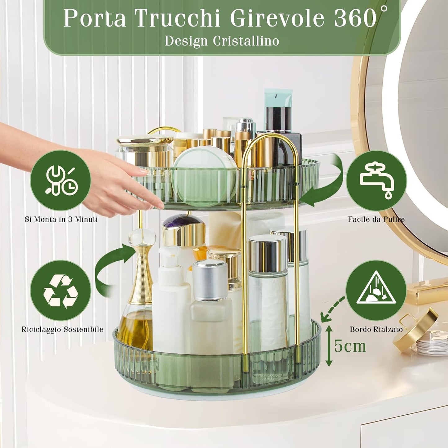 Boxalls 360° Rotating Makeup Organizer, Large Capacity Makeup Organizer, Bathroom Makeup Organizer, Desktop Makeup Storage Box Cream Display (2 Tiers, Green)