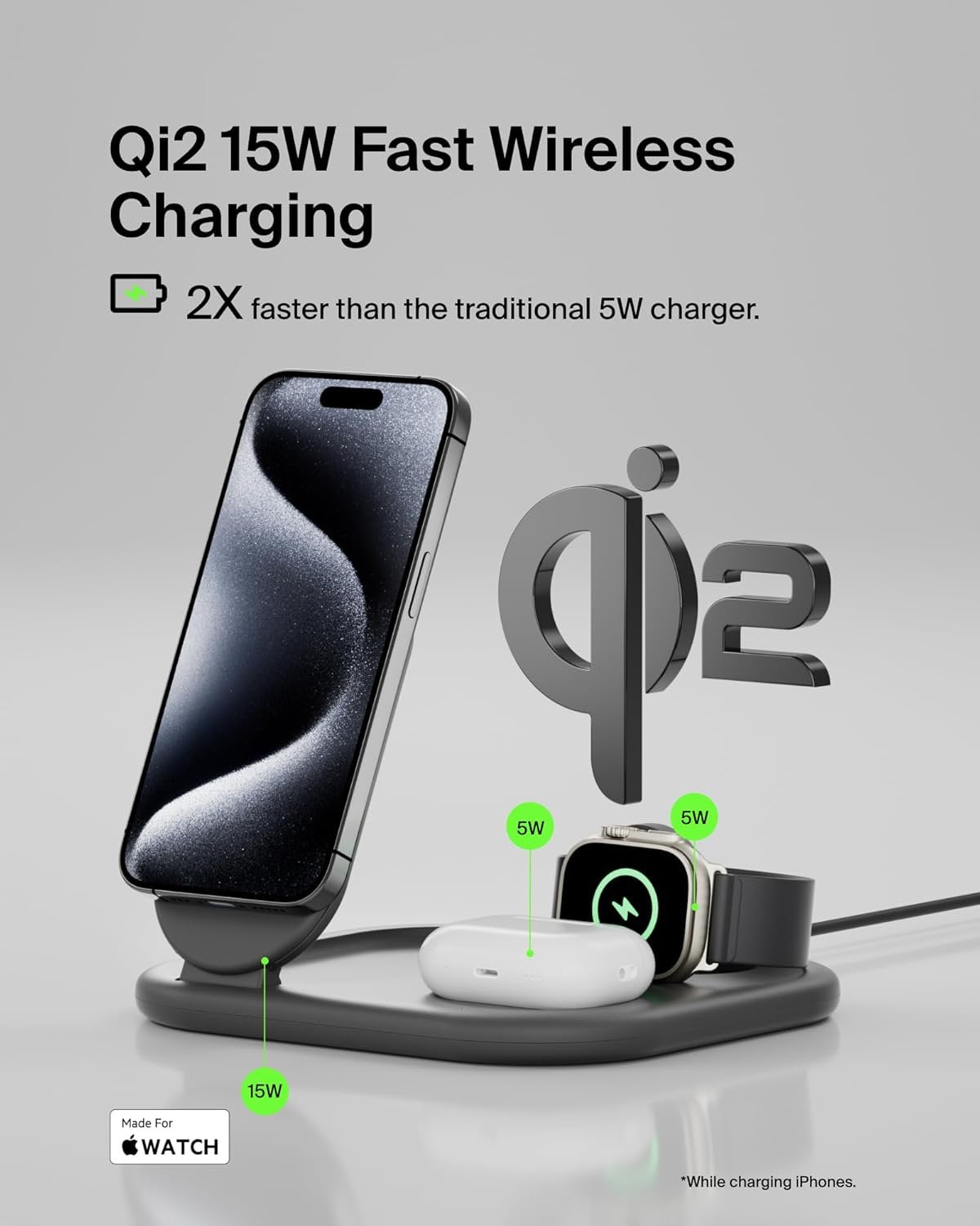 Belkin BoostCharge 3-in-1 Magnetic Foldable Wireless Charger with Qi2 15W Black