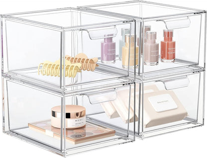 YIEZI Stackable Makeup Organizer Storage Drawers, 4.4'' Tall Acrylic Bathroom Organizer，Clear Plastic Storage Bin for Vanity, Under Sink, Kitchen Cabinets, Pantry Storage and Home Organization, 4 Pack