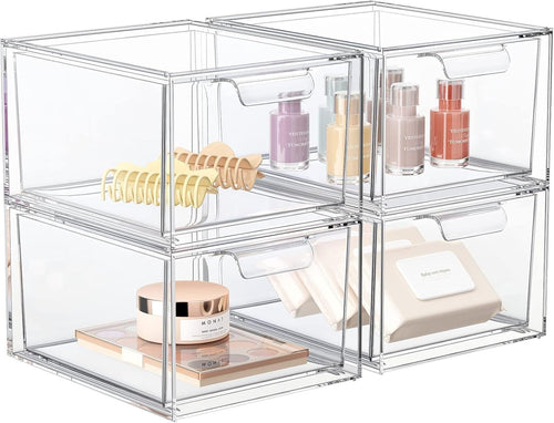 YIEZI Stackable Makeup Organizer Storage Drawers, 4.4'' Tall Acrylic Bathroom Organizer，Clear Plastic Storage Bin for Vanity, Under Sink, Kitchen Cabinets, Pantry Storage and Home Organization, 4 Pack