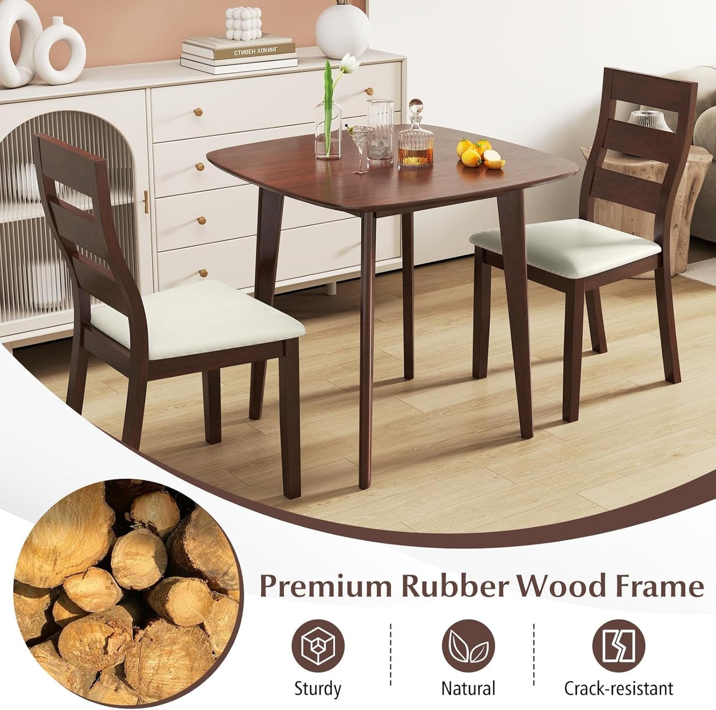 Giantex 3-Piece Dining Table Set for 2, Wooden Square Kitchen Table and 2 Chairs with Padded Seat, Ladder Back, Space-Saving Dinette Set for Small Spaces, Living Room, Dining Room