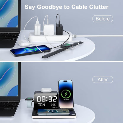 7 in 1 Wireless Charging Station, Fast Charger Station with Dual Phone, Bluetooth TimeSync, Temperature, Touch Night Light,33W Adapter for Phone 16/15/14/13/12 All Series & iWatch