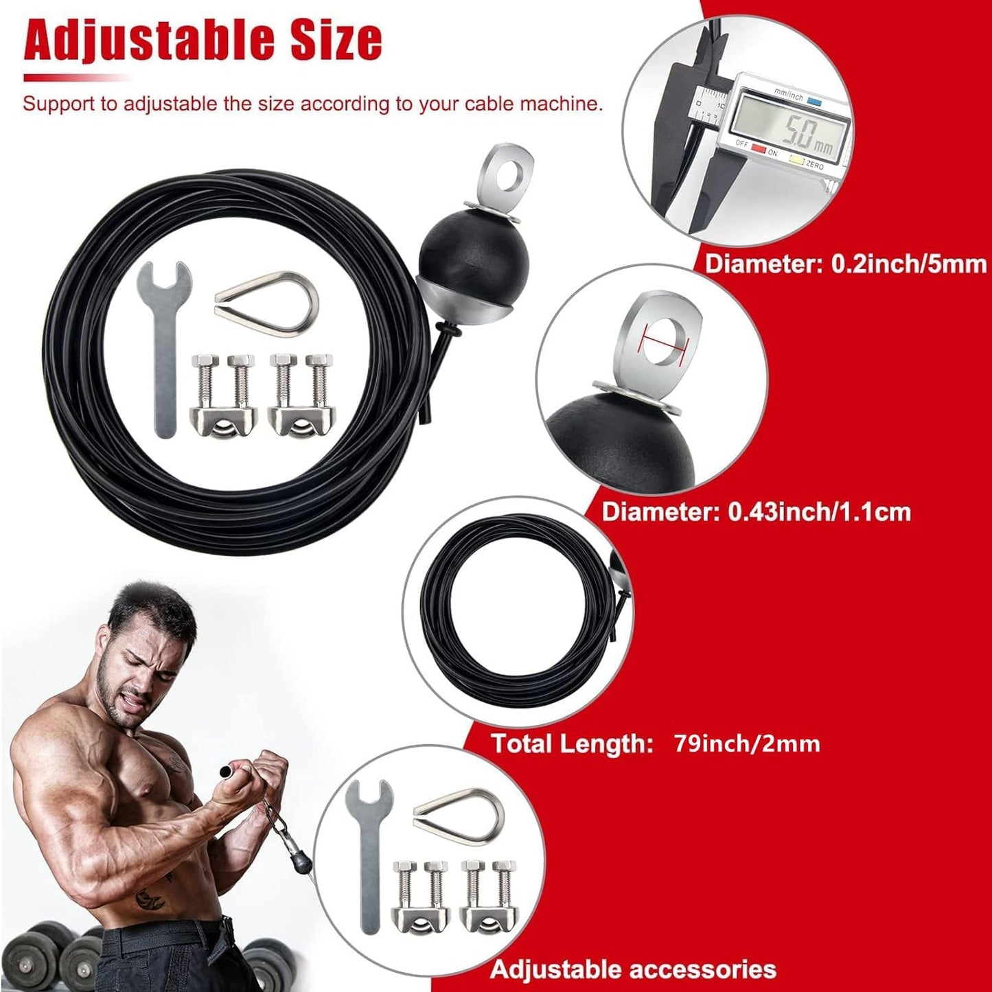 MEZOKUCEL Fitness Pulley Cable, Adjustable Home Gym Cable Pulley System，Replacement Fitness Cable for Pulley Machine Accessories, Thick 5mm Heavy Duty Pulley Cable for Home Gym