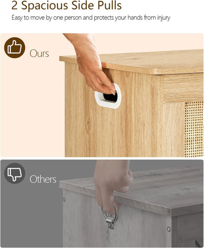 FIONESO 100cm Rattan Storage Chest, Wooden Toy Chest with 2 Safety Hinges, Lift Top Storage Box with Gel Bumpers, Storage Trunk, Storage Bench for Hallway, Natural
