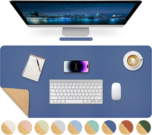 Giecy Leather Desk Mat, Dual-Sided Cork & PU Leather Desk Pad, 80 x 40 cm Computer Desk Mat Extended Keyboard Mouse Pads Writing Mat Desk Protector Pad for Computer Laptop PC Gaming (Navy Blue)