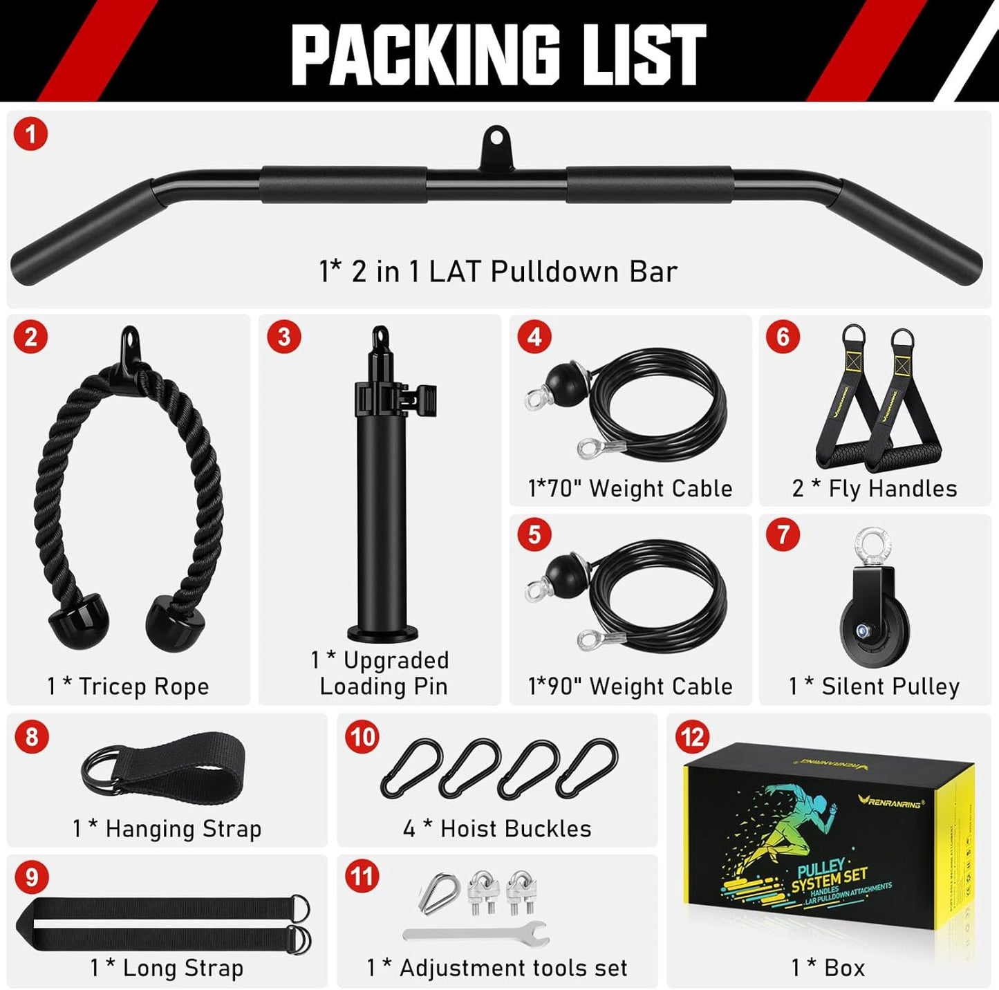 RENRANRING Fitness LAT and Lift Pulley System Gym - Upgraded LAT Pull Down Cable Machine Attachments, Loading Pin, Handle and Tricep Rope, for Biceps Curl, Forearm, Triceps Exercise Gym Equipment