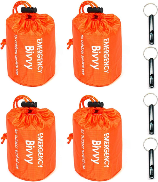 4 Pack Emergency Bag Survival Bivvy Sack with Whistles, Lightweight Portable Emergency Supplies for Outdoor Camping Hiking Keep Warm After Earthquakes, Hurricanes Disasters