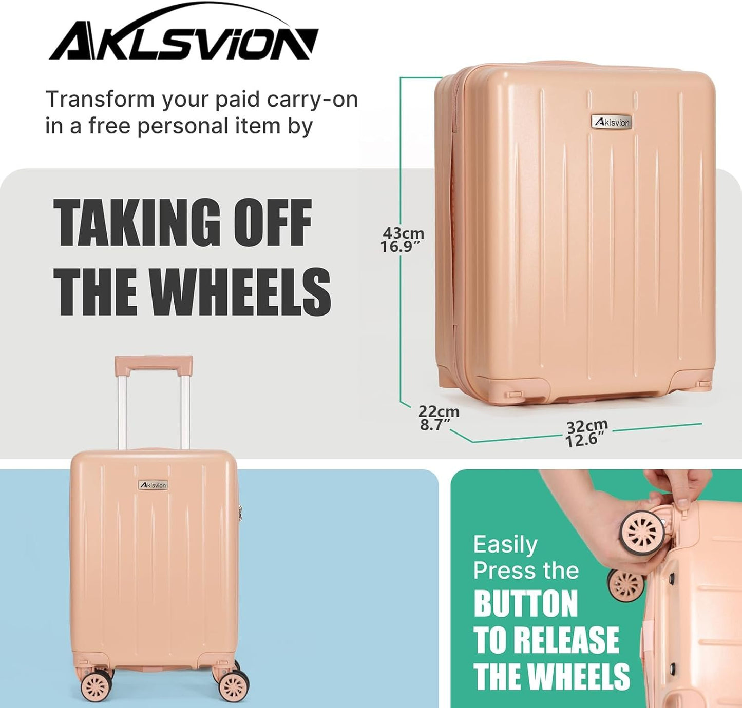 Aklsvion PC+ABS Durable Carry-On 18-inch Hardside Luggage with Detachable Spinner Wheels TSA Lock（Pink