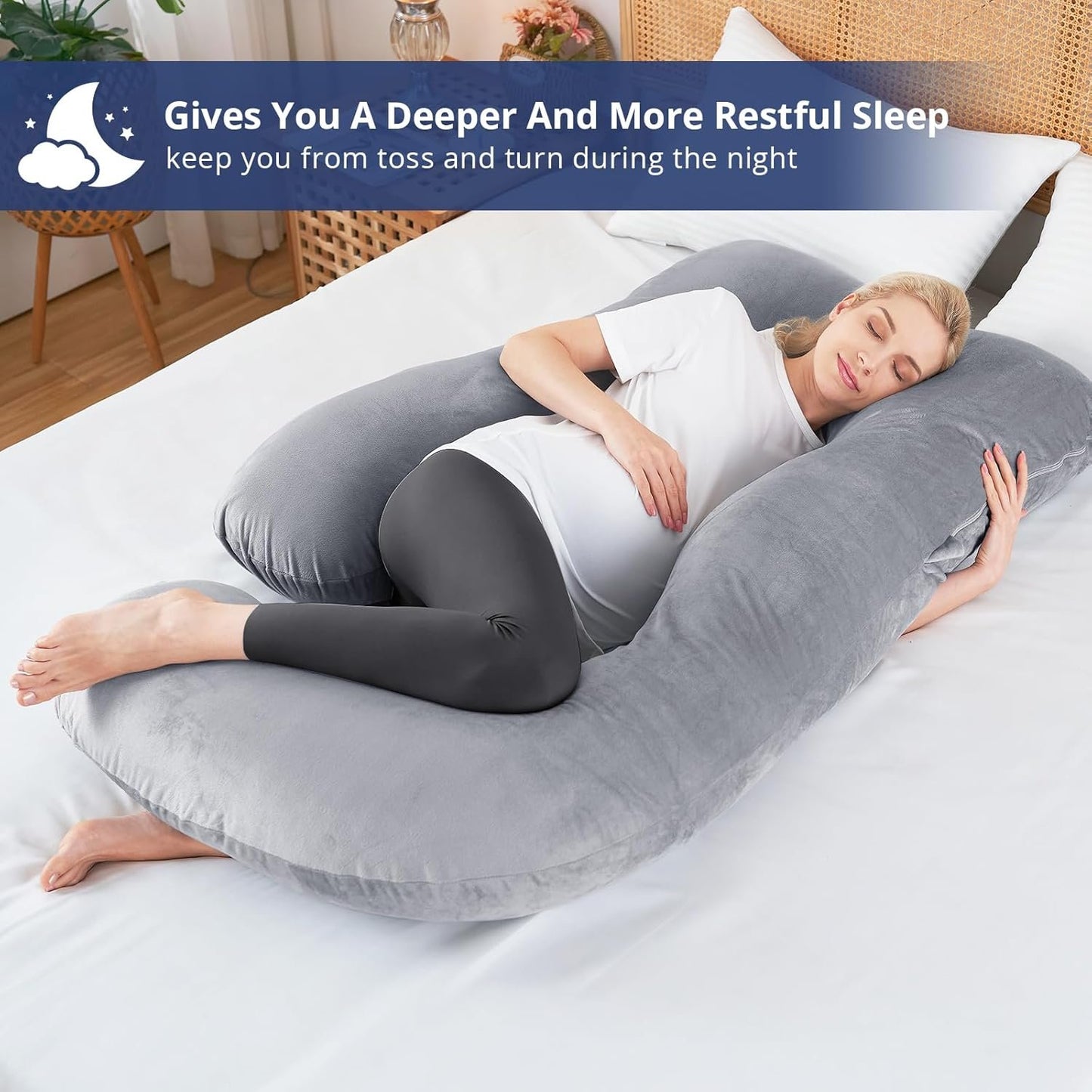 SASTTIE Pregnancy Pillow for Sleeping, U Shaped Body Pillow Side Sleeper Pregnancy Must Haves, Maternity Pillow for Pregnant Women, 57'' Full Pregnant Pillow with Removable Velvet Cover, Grey