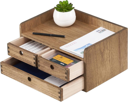KIRIGEN Desk Organizer with Drawers - Wood Drawer Storage Box with Trays for Tabletop - Workspace Office Toiletries Supplies Tool Caddy - Wooden Storage Cabinet Dark Brownï¼ˆDT2D3C-DBRï¼‰