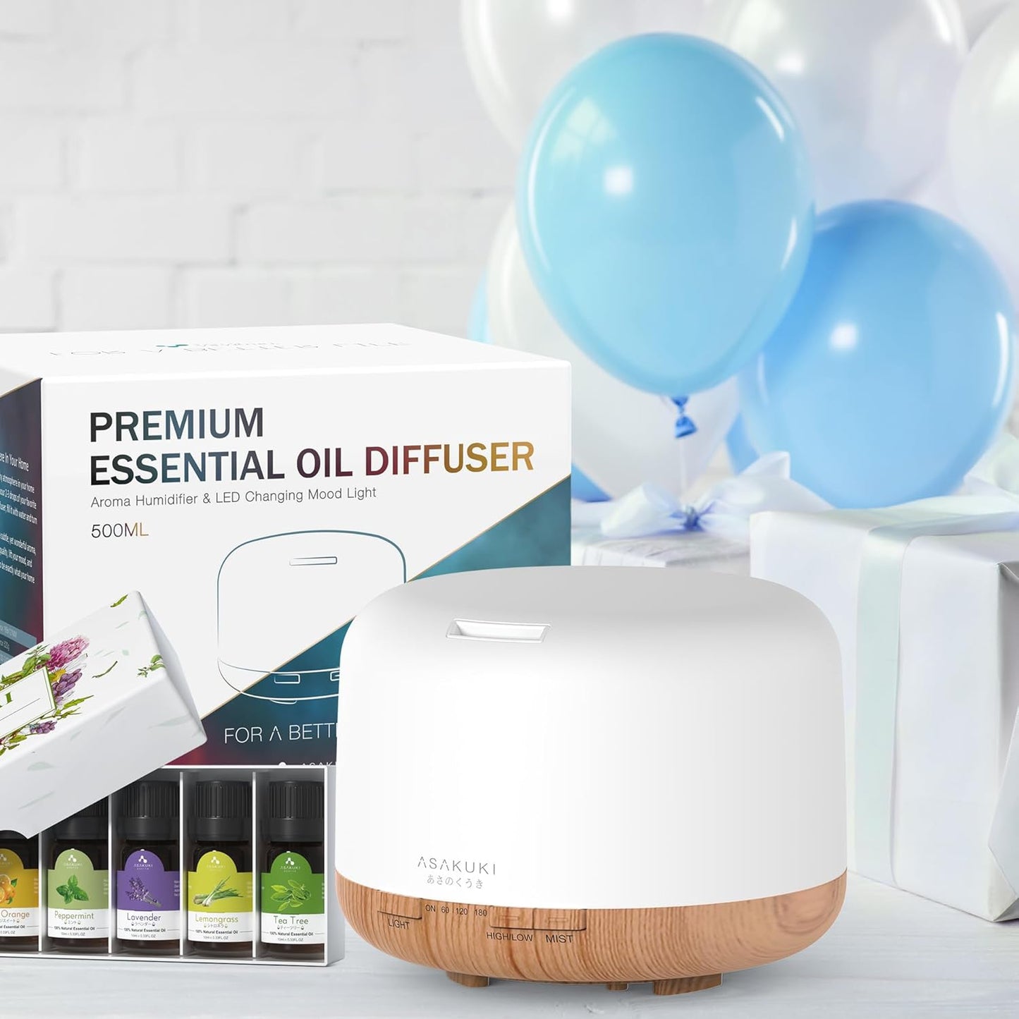 ASAKUKI Oil Diffuser with  Essential Oils Set, 500ml Aromatherapy Humidifier with 14 LED Colors & Auto Shut-Off - 6 Oil Gift Pack(Lavender Eucalyptus Tea Tree Orange Peppermint Lemongrass)