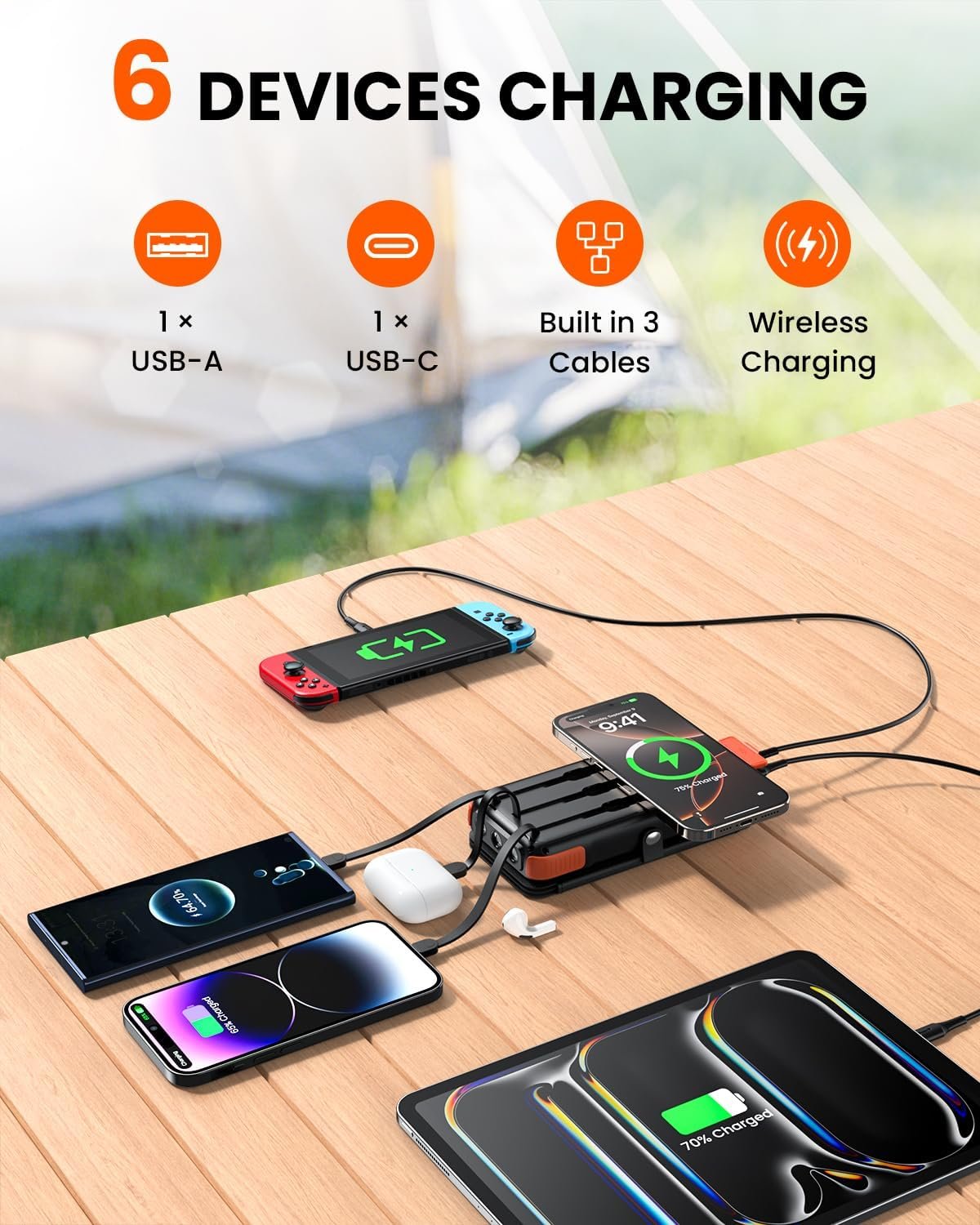 SOARAISE Wireless Solar Power Bank, 25000mAh Solar Charger with Built-in 3 Cables, Dual Outputs, 4 Solar Panels & 3 LED Flashlights Battery Pack for Outdoor Camping
