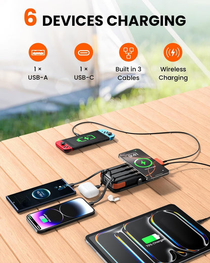 SOARAISE Wireless Solar Power Bank, 25000mAh Solar Charger with Built-in 3 Cables, Dual Outputs, 4 Solar Panels & 3 LED Flashlights Battery Pack for Outdoor Camping