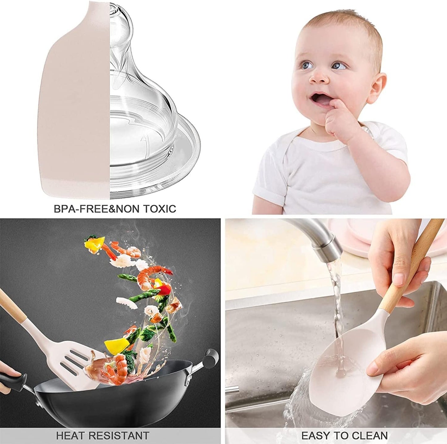 34 Pcs Silicone Kitchen Utensils Set Heat Resistant with High Quality Stainless Steel Handles for Cooking and Baking, Non-Stick Spatulas, Kitchen Utensils (Khaki)
