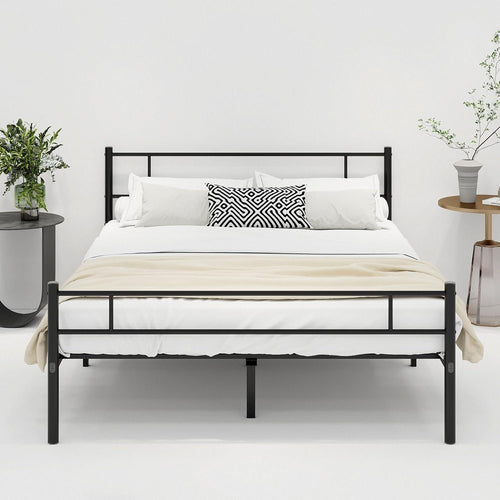JUISSANO Metal Queen Bed Frame with Headboard,Platform Bed Frame Queen Size Mattress Foundation,No Box Spring Needed,Under Bed Storage,Steel Slats Support,Noise Free,Black Queen Size Bed Frame