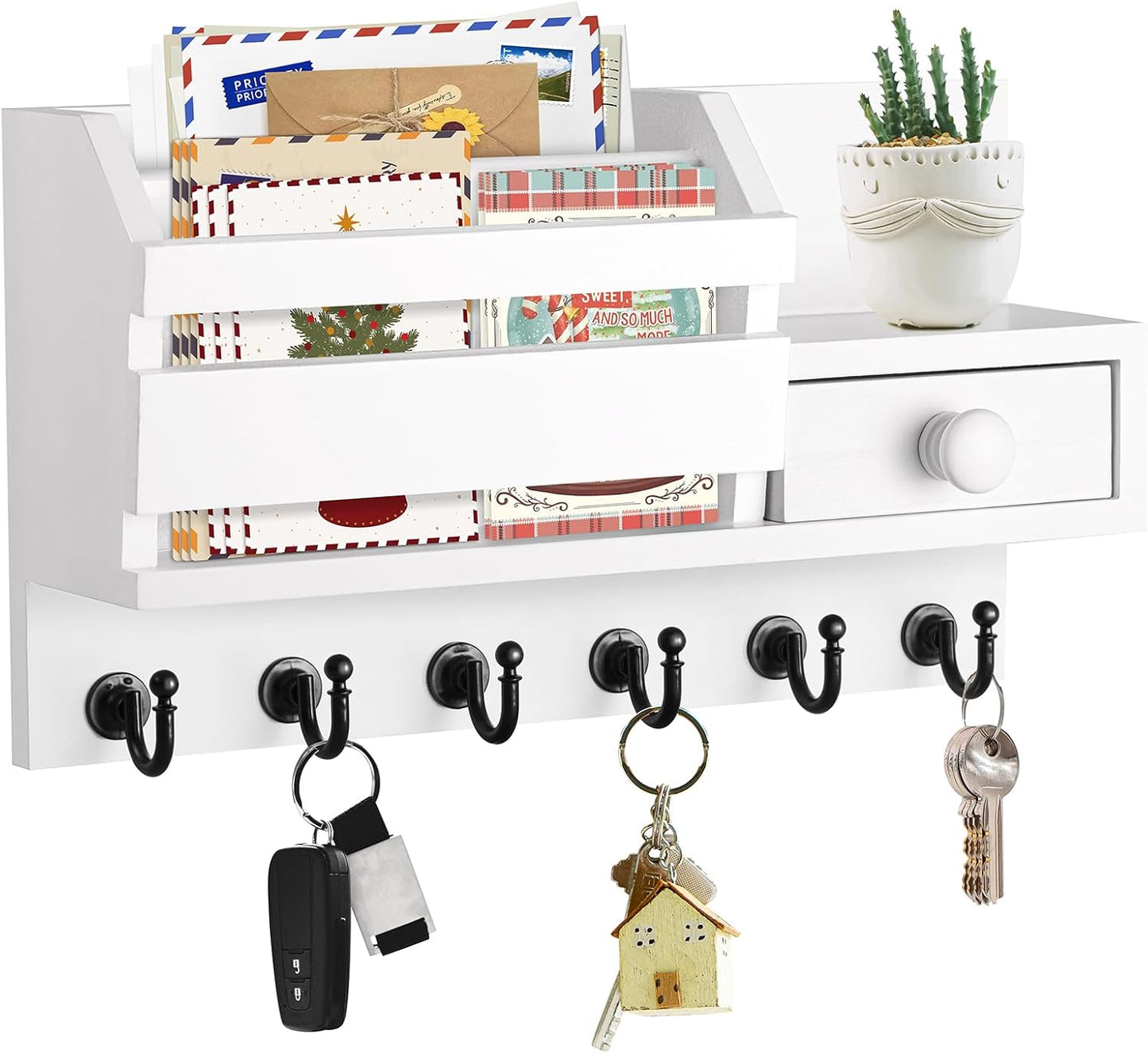 VIS'V Key Holder Wall Mount, Wooden Mail and Key Organizer with Drawer and Shelf, 2 Slots, 6 Hooks, White