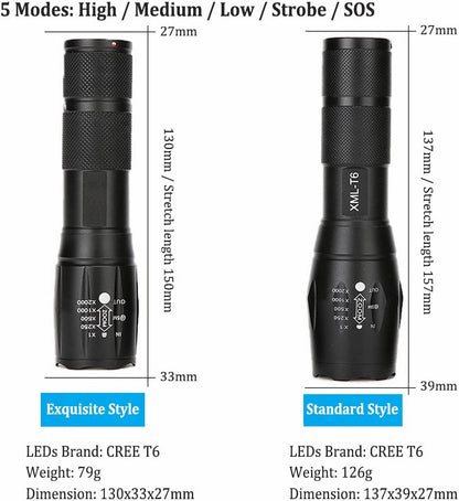 T6 Zoomable Aluminum LED Flashlight, Super Bright, Portable Torch, Powerful Emergency Flashlight has 5 Modes, Outdoor for Camping, Hiking, Fishing, Tactical Handheld Torches (Rechargeable-130MM)