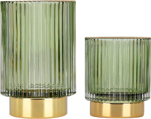 DASITON Makeup Brush holder Organizer,Crystal Cosmetic Makeup Brush Glass Brushes Storage Holder, Vintage Make Up Brush Cup Pen Pencil Holder striped vase(Green S+L）