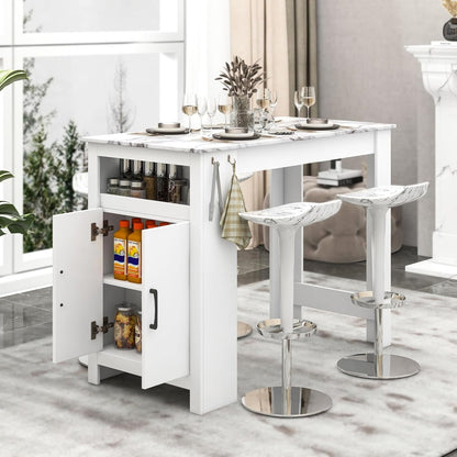 Giantex Bar Table, 47” Counter Height Dining Table with 7 Hanging Hooks, Compartment, Cabinet & Adjustable Shelf, High Top Table, Faux Marble Pub Table for Kitchen Breakfast Nook Small Space, White