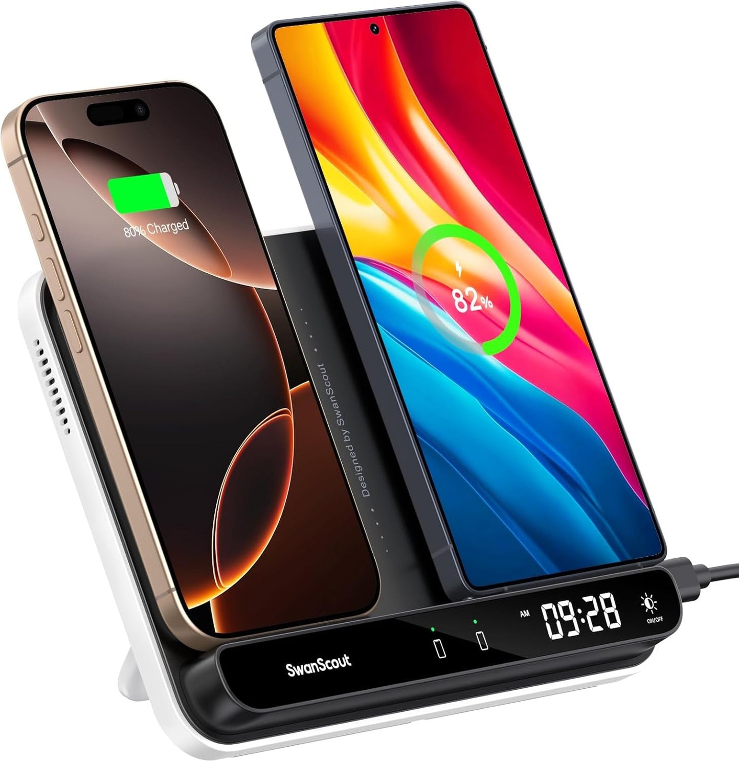 SwanScout Dual Wireless Charger Stand 504, Foldable Fast Charging Station Pad for iPhone 16/15/14 Series, Samsung S25/S24/S23, Pixel 9/8/7 & Android Phones, Compatible with AirPods/Galaxy Buds