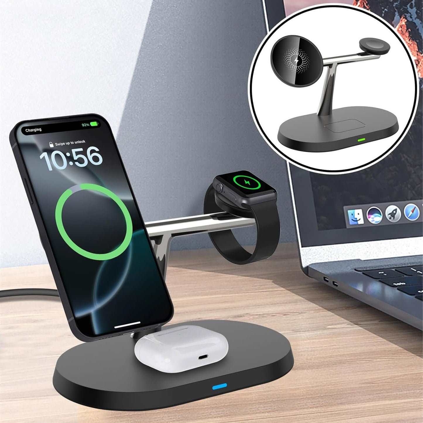 VNBBT 3 in 1 Wireless Charger, 15W Fast Magnetic Wireless Charging Stand Compatible Mag-Safe Charging for iPhone 16/15/14/13/12 Pro Max Series,AirPods,Apple Watch Series 10/9/8/7/6/SE/5/4/3/Ultra 2