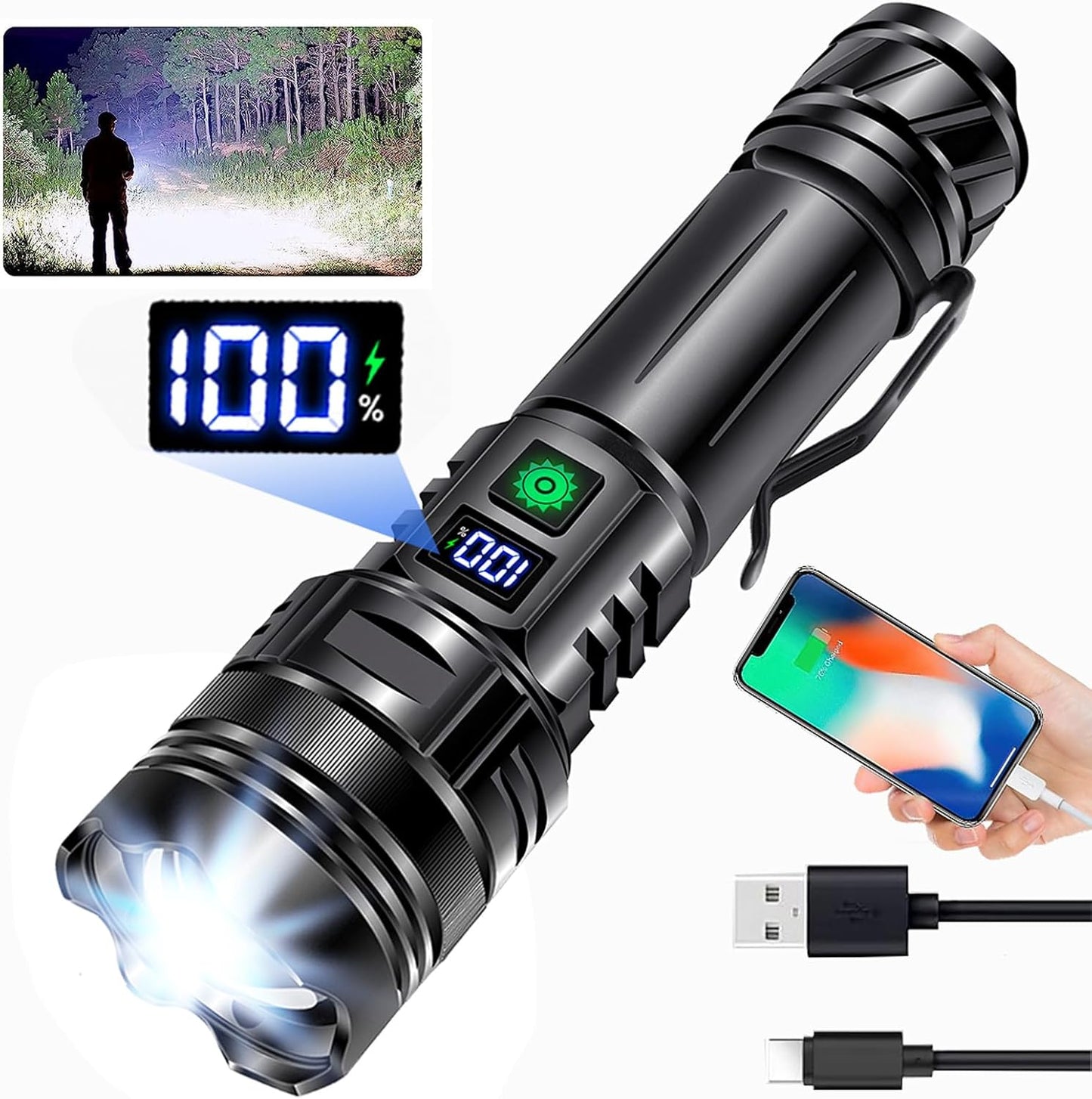 Anyuainiya LED Torch Rechargeable Flashlights High lumens, Super Bright 200000LM Flashlight with Digital Power Display and 5 Modes, Waterproof Zoomable LED Flashlight for Emergencies, Camping, Hiking