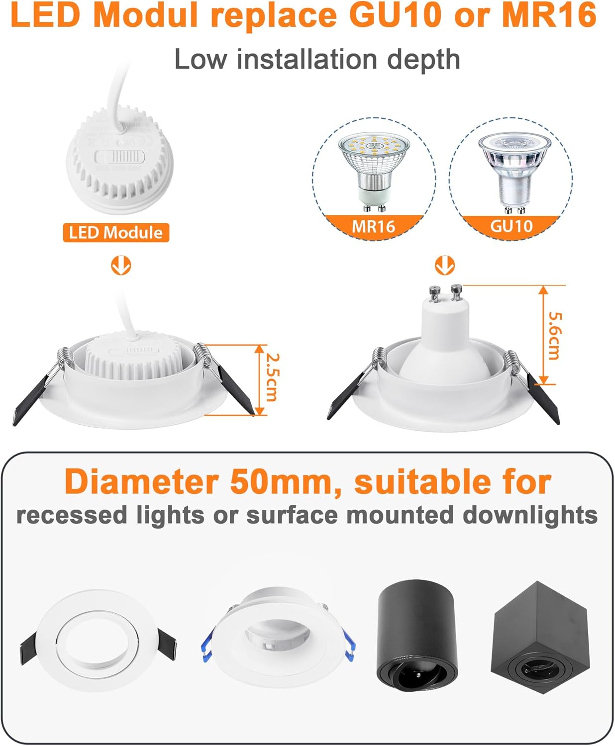YindaLux 6 x Dimmable LED Module Diameter 50 x 23 mm for Recessed Downlights 4.9W 500LM 3CCT Warm White 3000K Neutral White 4000K Cool White 6500K IP44 120° Module Replaces GU10 MR16 Bulbs