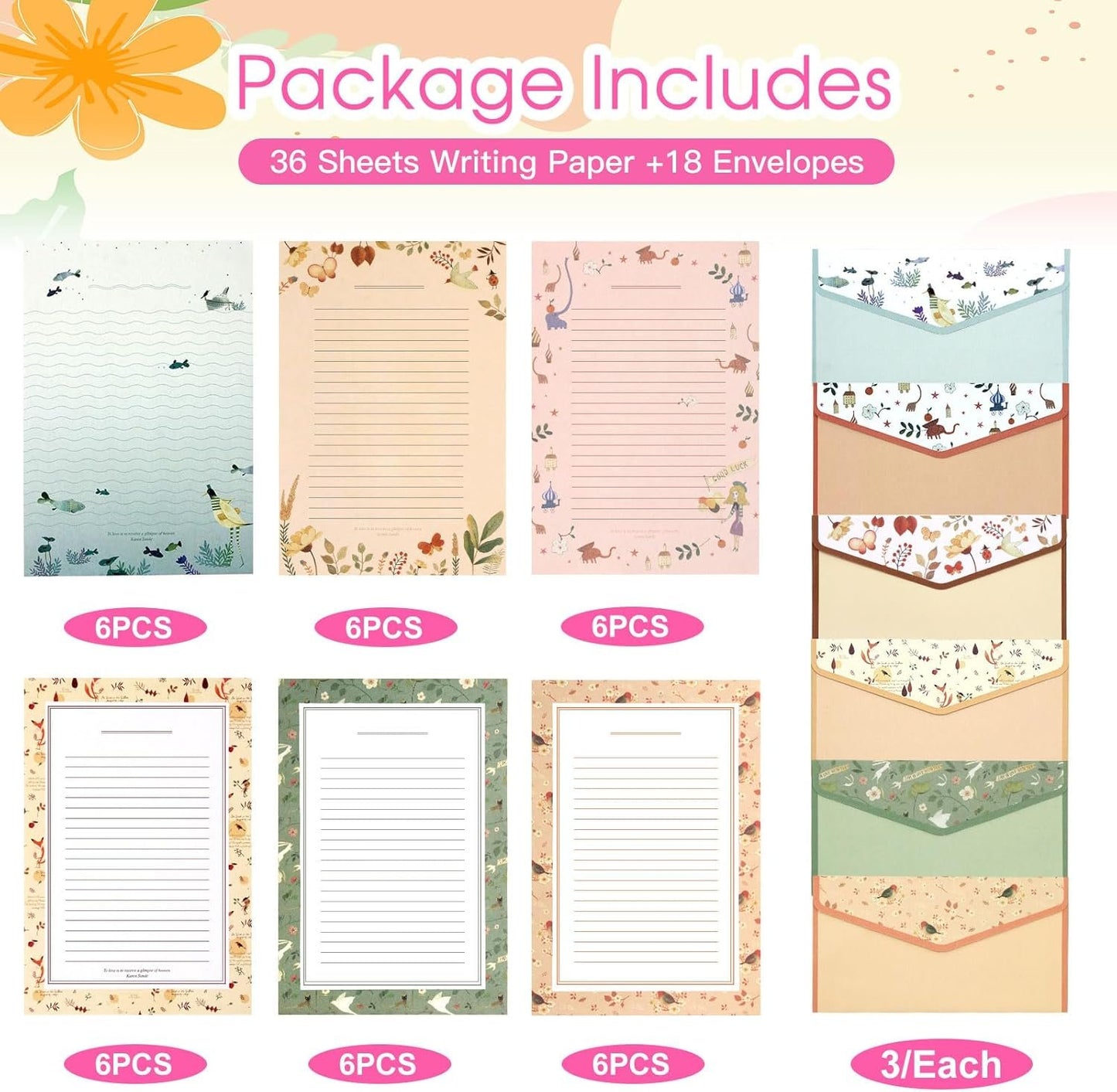KSIWRE Stationery Writing Paper with Envelopes, Sweet Floral Style Lined Stationary Paper，36 PCS Letter Writing Paper with 18 PCS Envelopes, for Invitations Gifts Holiday Wishes