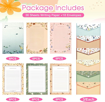 KSIWRE Stationery Writing Paper with Envelopes, Sweet Floral Style Lined Stationary Paper，36 PCS Letter Writing Paper with 18 PCS Envelopes, for Invitations Gifts Holiday Wishes