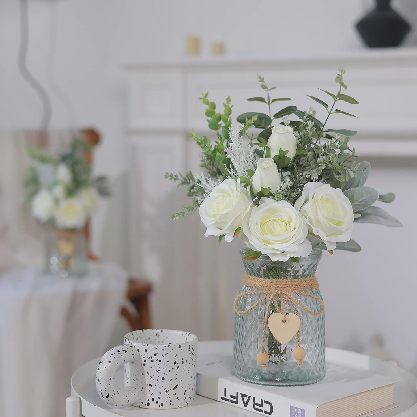 VIERENA Faux Flowers with Vase,Artificial Silk Roses in Vase,Fake Plant Eucalyptus Flower Arrangement for Home Office Farmhouse Bathroom Dining Table Centerpiece Decorations (White),106-HS-BAI