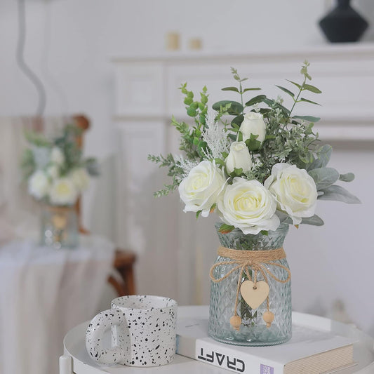 VIERENA Faux Flowers with Vase,Artificial Silk Roses in Vase,Fake Plant Eucalyptus Flower Arrangement for Home Office Farmhouse Bathroom Dining Table Centerpiece Decorations (White),106-HS-BAI