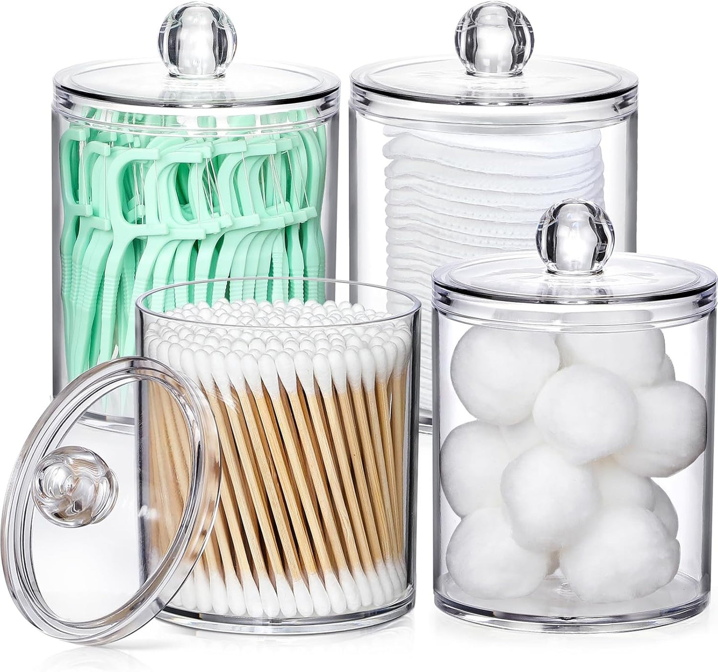 4 PACK Qtip Holder Dispenser for Cotton Ball, Cotton Swab, Cotton Round Pads, Floss Picks - 10 oz Clear Plastic Apothecary Jar Set for Bathroom Canister Storage Organization, Vanity Makeup Organizer