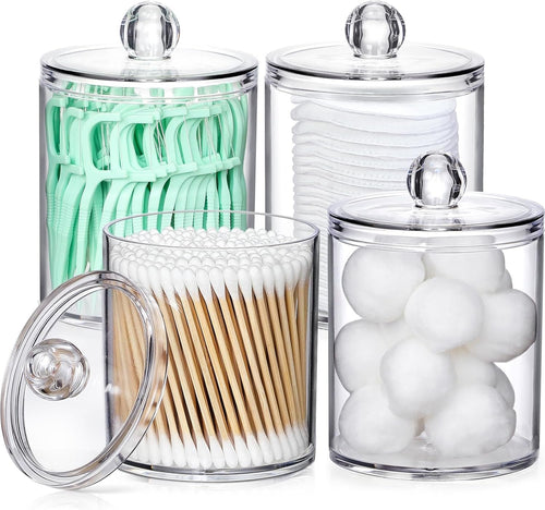 4 PACK Qtip Holder Dispenser for Cotton Ball, Cotton Swab, Cotton Round Pads, Floss Picks - 10 oz Clear Plastic Apothecary Jar Set for Bathroom Canister Storage Organization, Vanity Makeup Organizer