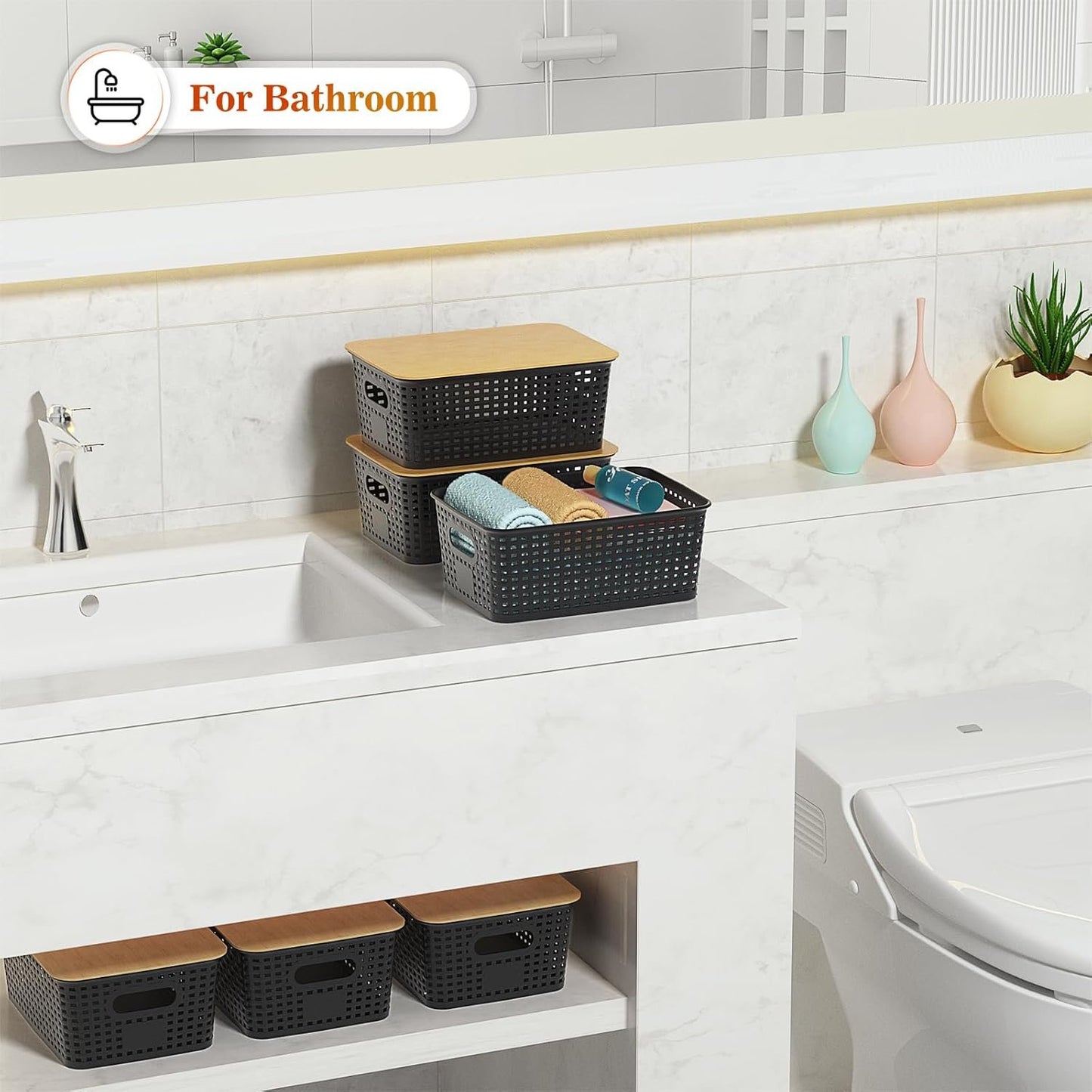 Plastic Storage Baskets With Bamboo Lid - Plastic Storage Containers Stackable Storage bins: Storage Baskets for Organizing Shelves Drawers Desktop Closet Playroom Classroom Office, 6 Pack, Gray