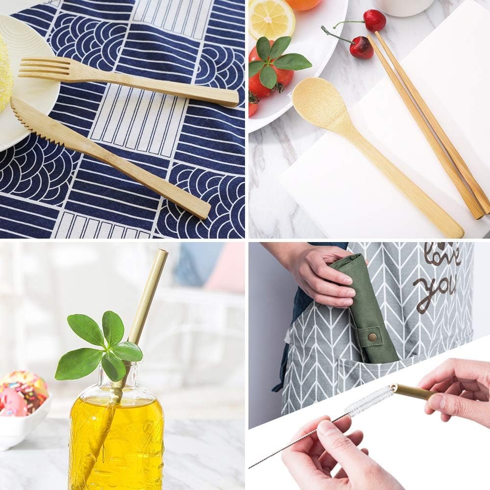 Set of 2, Bamboo Utensils Cutlery, DaKuan Reusable Cutlery Travel Set, Bamboo Spoon, Fork, Knife, Brush, Chopsticks and Straw, Eco-Friendly Portable Utensils with Case