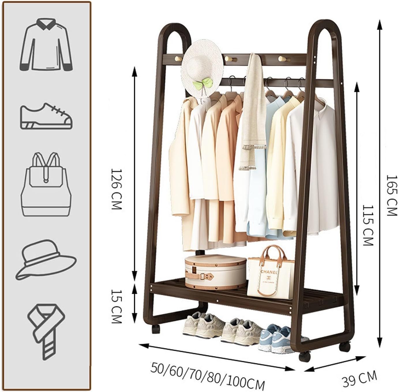 Generico Appendiabiti Multifunzionale in bambù con Ruote, 3-5 Ganci e ripiano portascarpe Mobile – Elegante Porta Abiti per Camera da Letto e Soggiorno, Design Color Legno da 80 cm