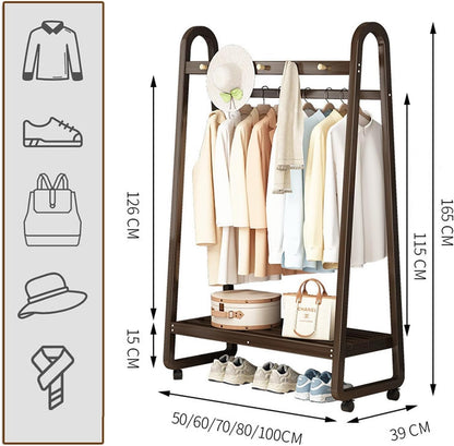 Generico Appendiabiti Multifunzionale in bambù con Ruote, 3-5 Ganci e ripiano portascarpe Mobile – Elegante Porta Abiti per Camera da Letto e Soggiorno, Design Color Legno da 80 cm