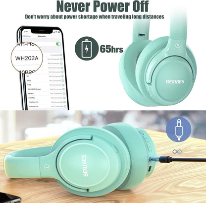 Bluetooth Headphones Over Ear,BERIBES 65H Playtime and 6 EQ Music Modes Wireless Headphones with Microphone,HiFi Stereo Foldable Lightweight Headset, Deep Bass for Home Office Cellphone PC Ect.(Green)
